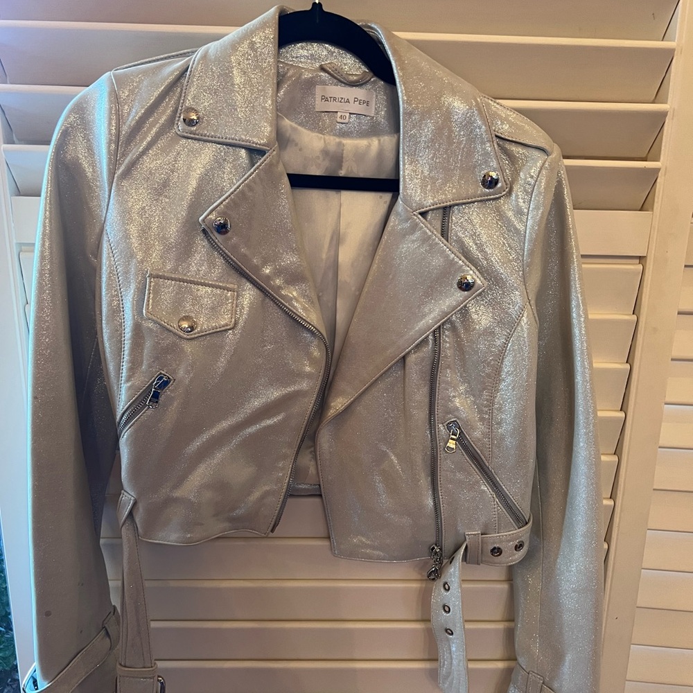Patrizia Pepe Silver Leather Moto Jacket
